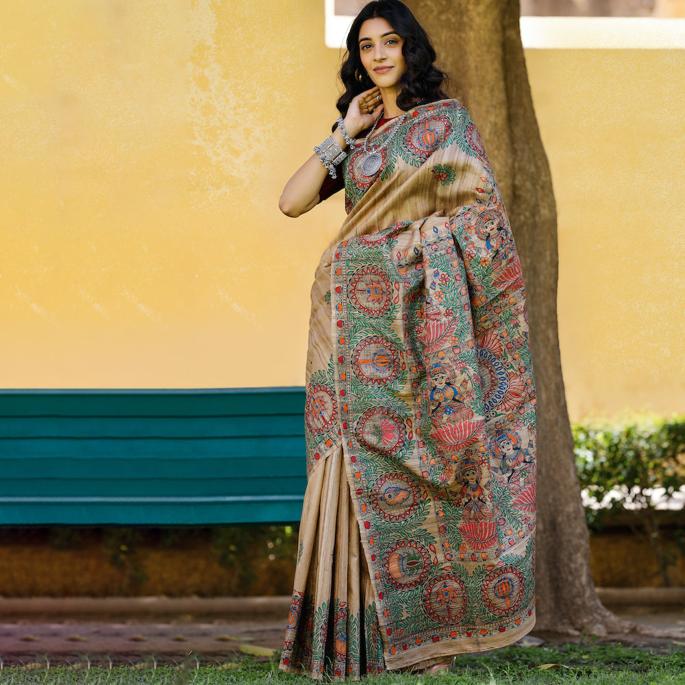 Madhubani Hand-Painted Durga Incarnations Tussar Ghicha Silk Saree