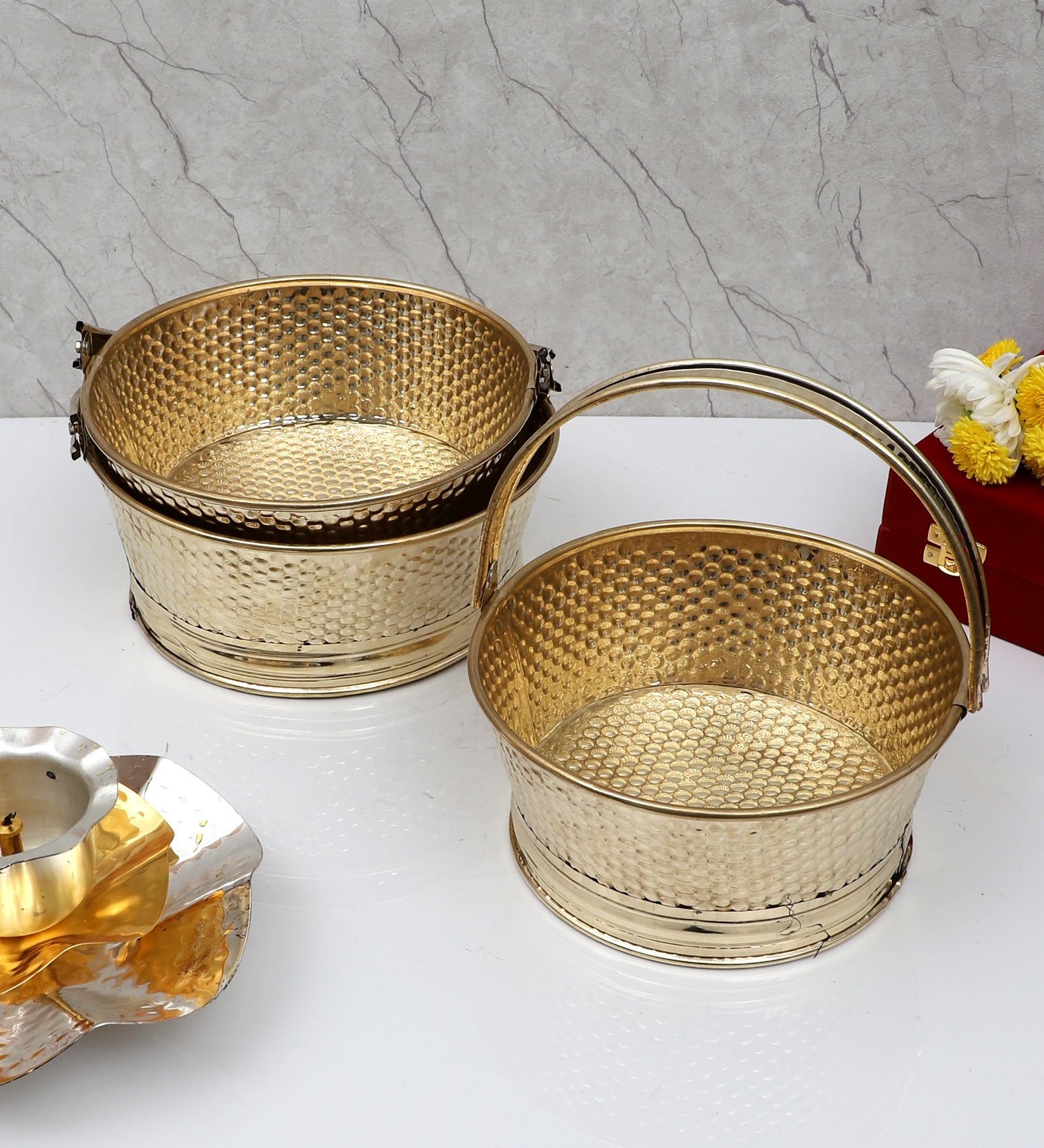 Amaya Decors Round Hammered Brass Sheet Gifting Basket Set of 3