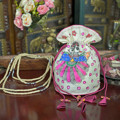 Hand-Painted Silk Potli Bag with Piping Accents