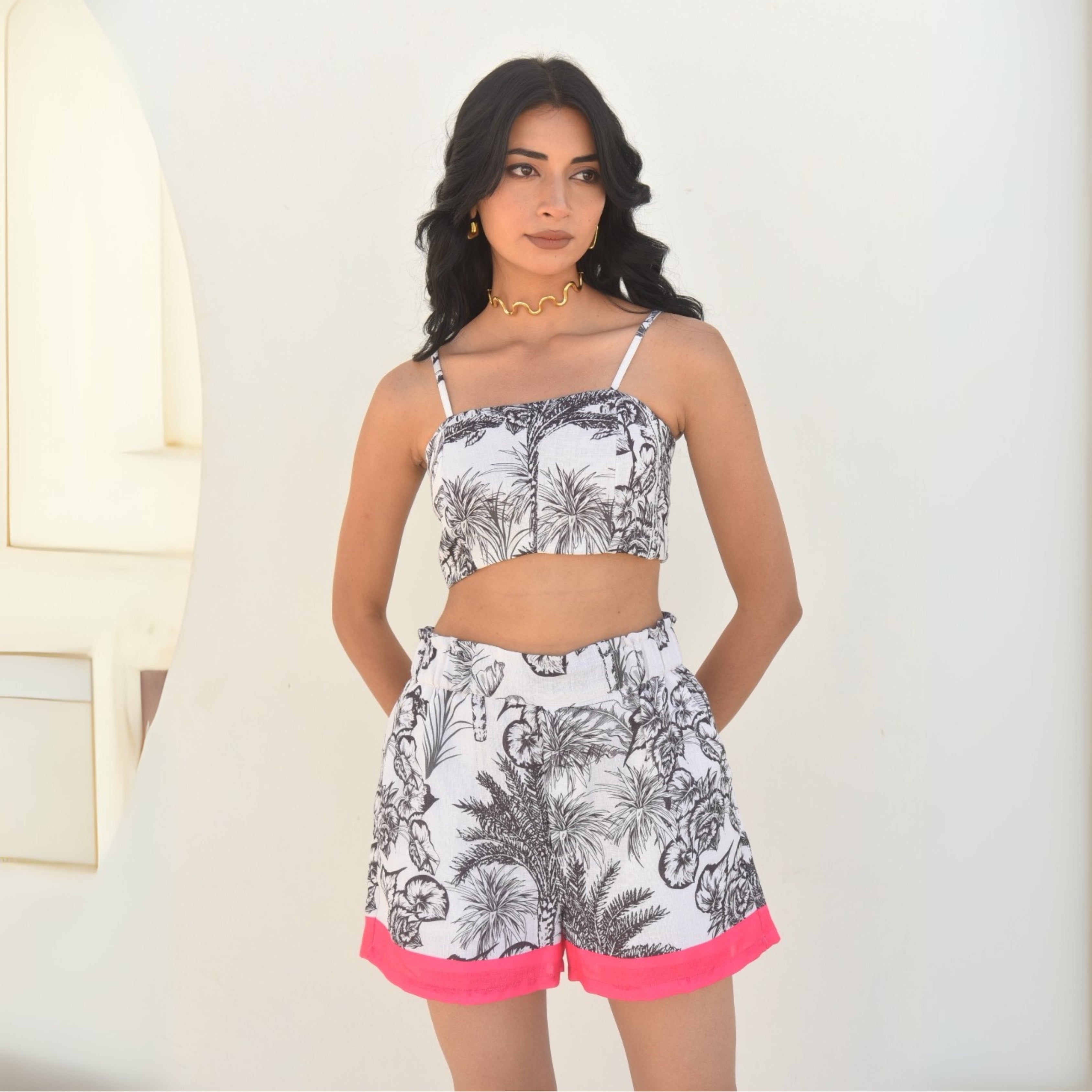 Noir Bliss – Tropical Monochrome Short Co-ord Set