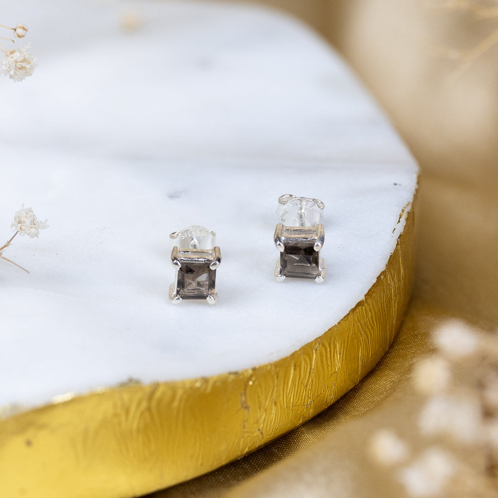 Smokey Quartz Box Earrings in 92.5 Sterling Silver