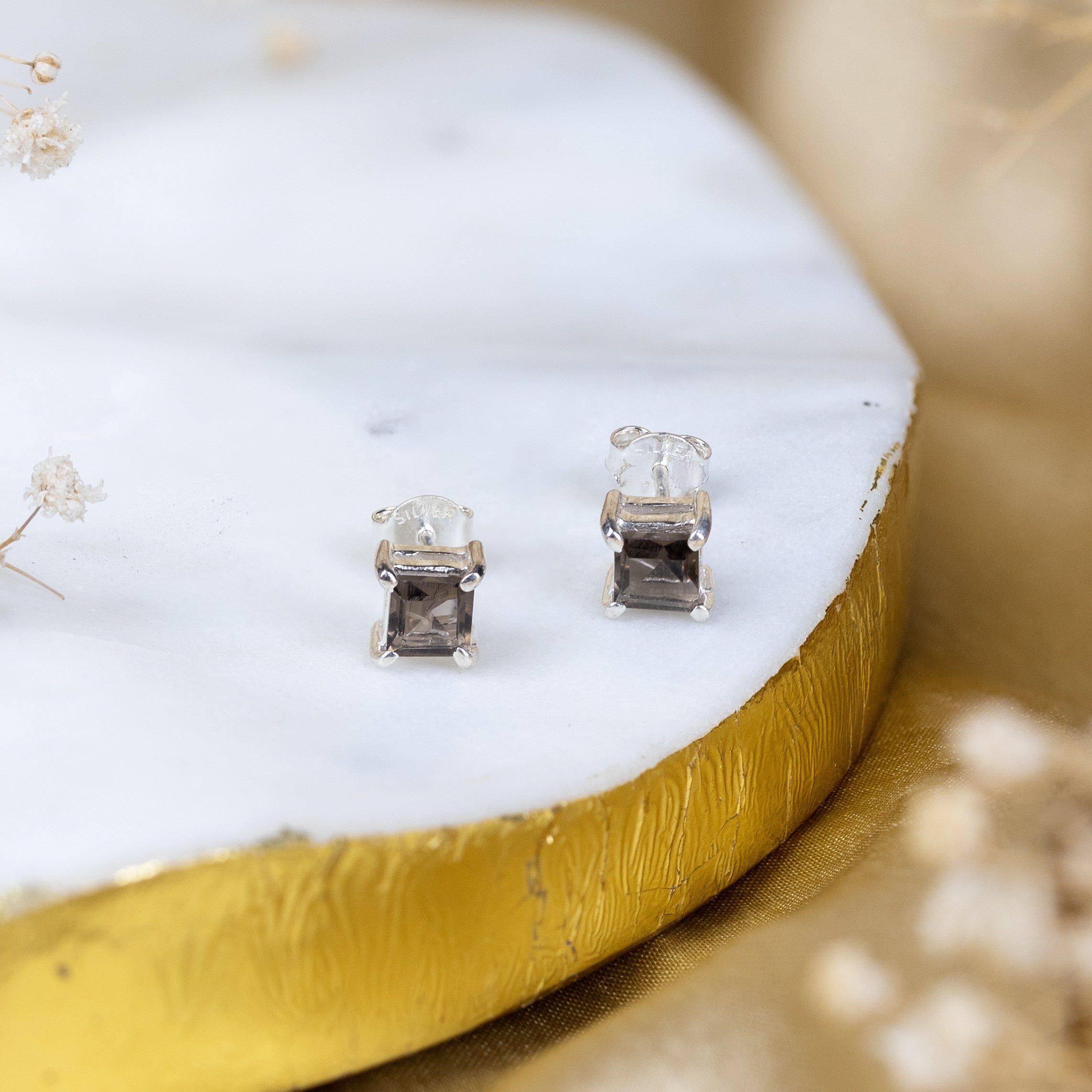 Smokey Quartz Box Earrings in 92.5 Sterling Silver
