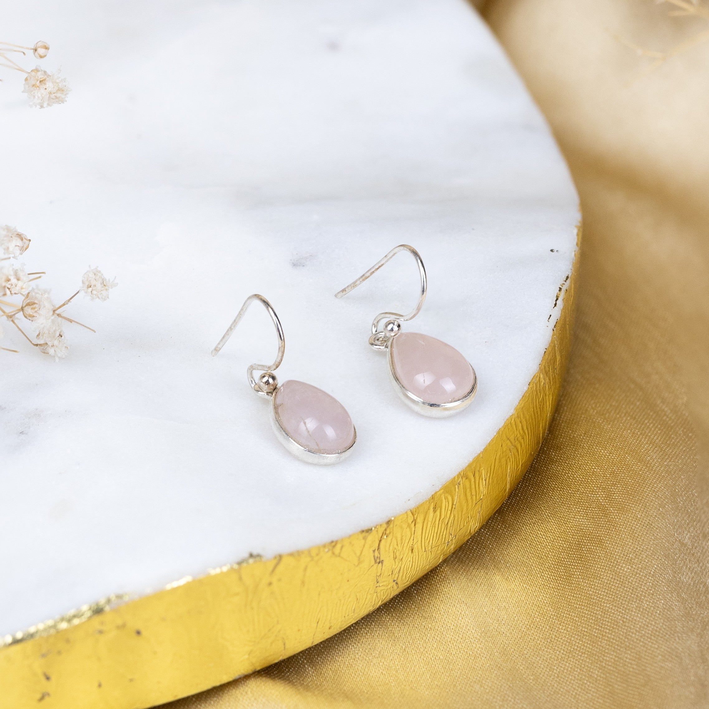 Rose Quartz Teardrop Danglings in 92.5 Sterling Silver