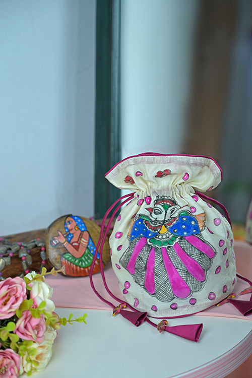 Hand-Painted Silk Potli Bag with Piping Accents
