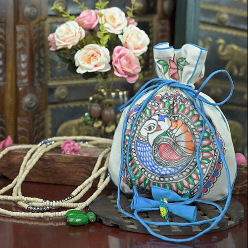 Hand-Painted Silk Potli Bag with Piping Accents