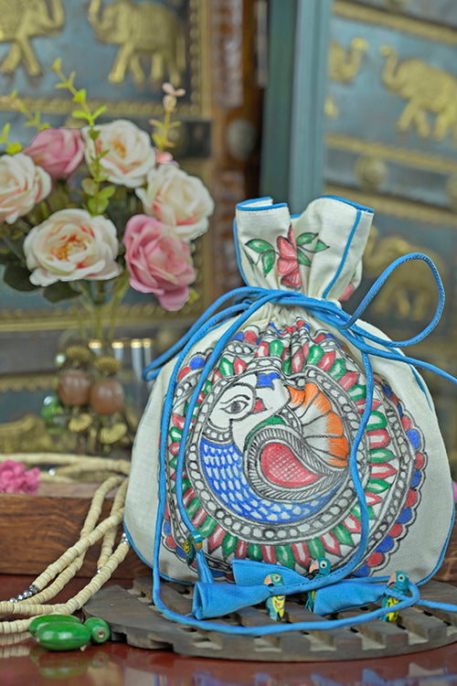 Hand-Painted Silk Potli Bag with Piping Accents