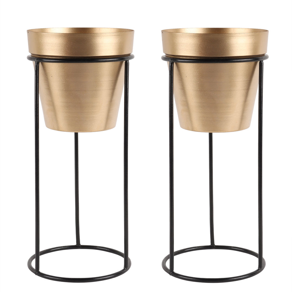 Amaya Decors Big Pot Shape Planter with Stand Black & Gold Set of 2