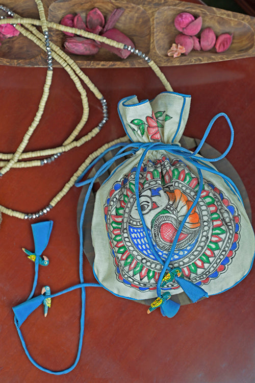 Hand-Painted Silk Potli Bag with Piping Accents