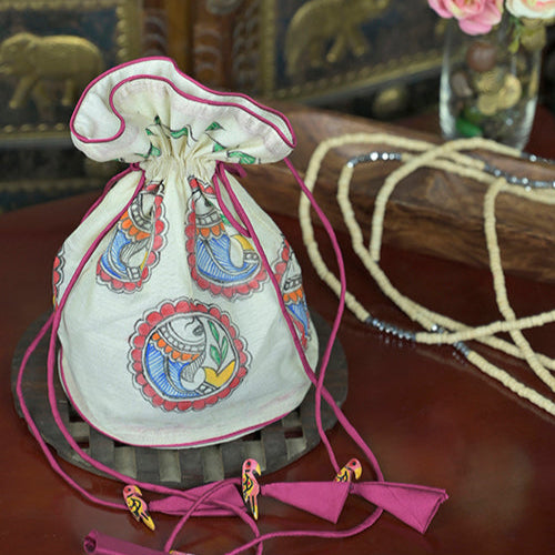 Hand-Painted Silk Potli Bag with Piping Accents