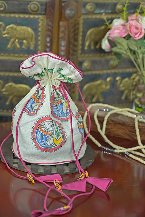Hand-Painted Silk Potli Bag with Piping Accents