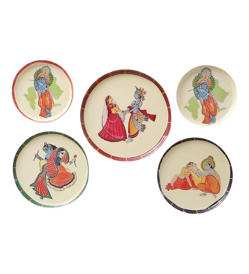 Amaya Decors Radhey Krishna Metal & Meena Wall Plates Set of 5