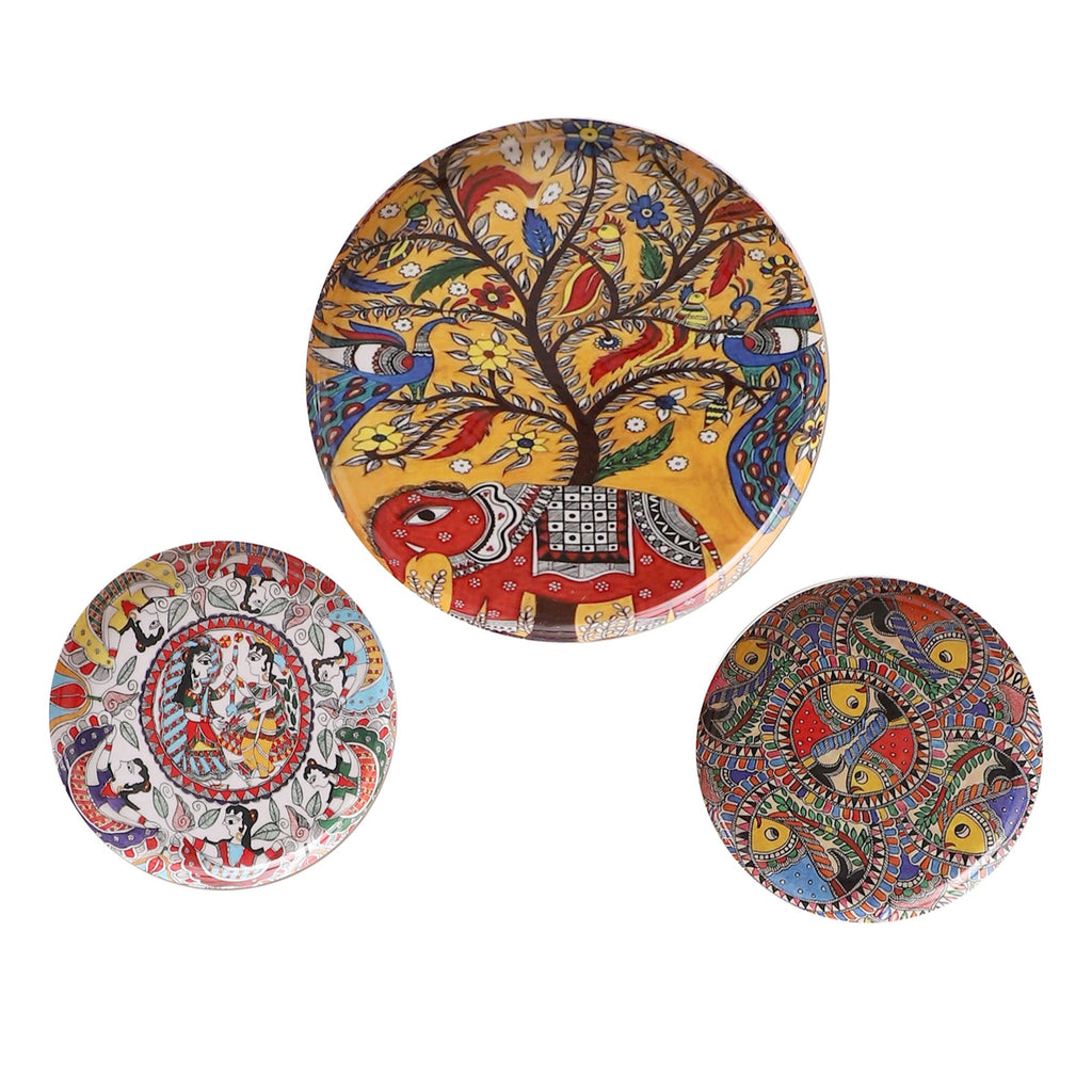 Amaya Decors Elephant & Fish Metal & Meena Wall Plates Set of 3
