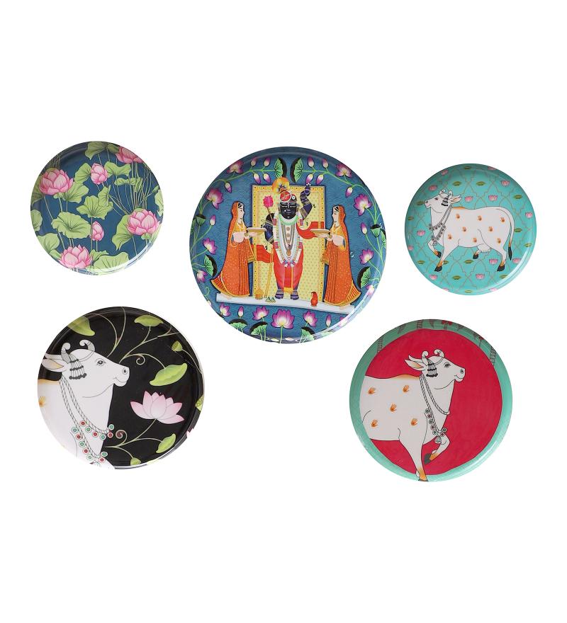 Amaya Decors Cow Metal & Meena Wall Plates Set of 5