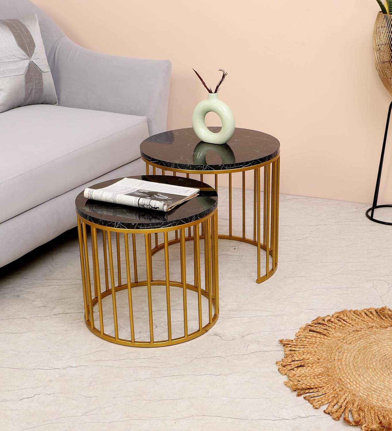 Amaya Decors Round Gold & Black Metal & Wood Nesting Table Set of 2