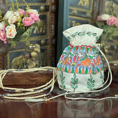 Hand-Painted Silk Potli Bag with Piping Accents