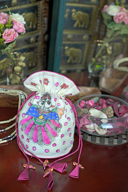 Hand-Painted Silk Potli Bag with Piping Accents