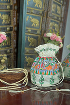 Hand-Painted Silk Potli Bag with Piping Accents
