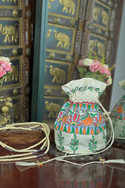 Hand-Painted Silk Potli Bag with Piping Accents