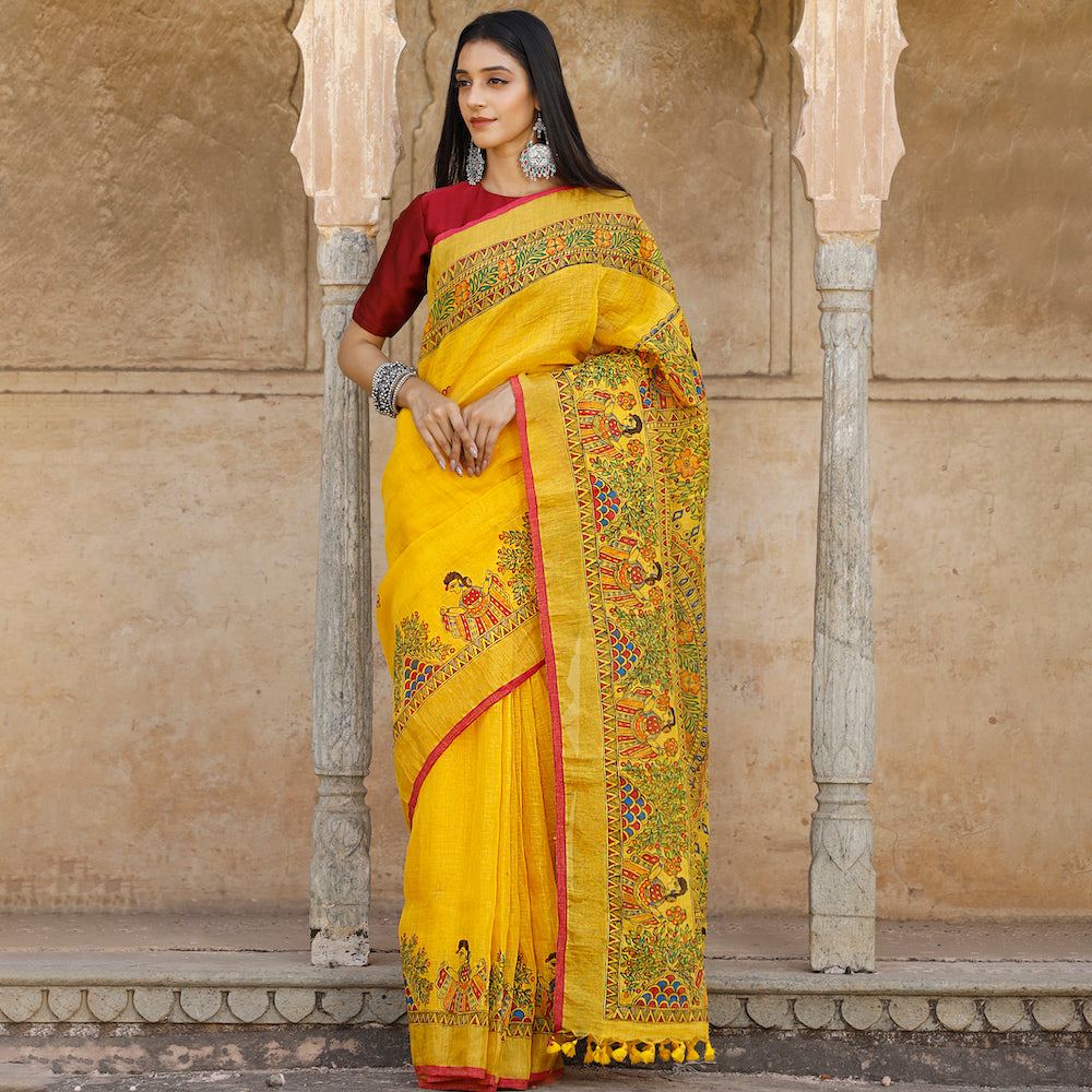 Madhubani Hand-Painted Pure Linen Saree
