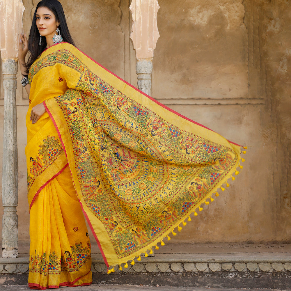 Madhubani Hand-Painted Pure Linen Saree