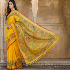 Madhubani Hand-Painted Pure Linen Saree