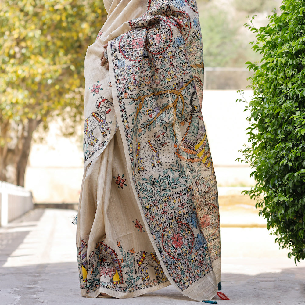 Madhubani Hand-Painted Krishna Raas Tussar Silk Saree