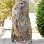 Madhubani Hand-Painted Krishna Raas Tussar Silk Saree