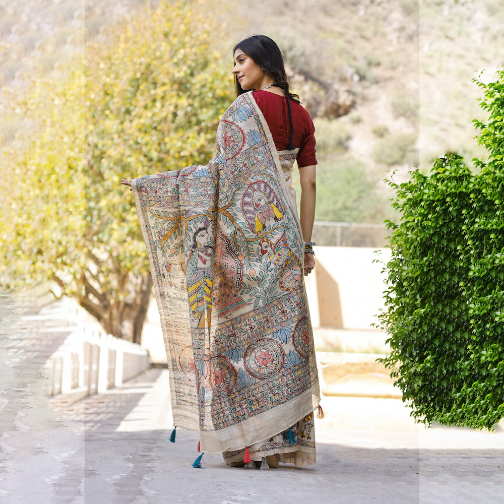 Madhubani Hand-Painted Krishna Raas Tussar Silk Saree