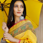 Madhubani Hand-Painted Pure Linen Saree