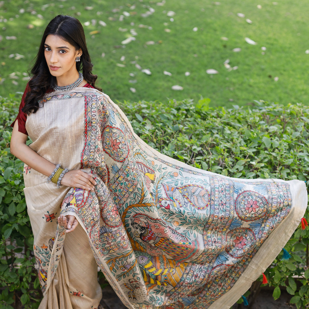 Madhubani Hand-Painted Krishna Raas Tussar Silk Saree