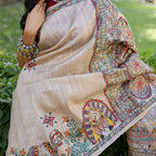 Madhubani Hand-Painted Krishna Raas Tussar Silk Saree