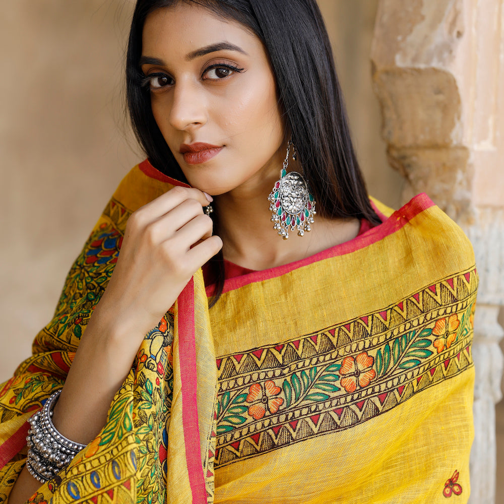 Madhubani Hand-Painted Pure Linen Saree