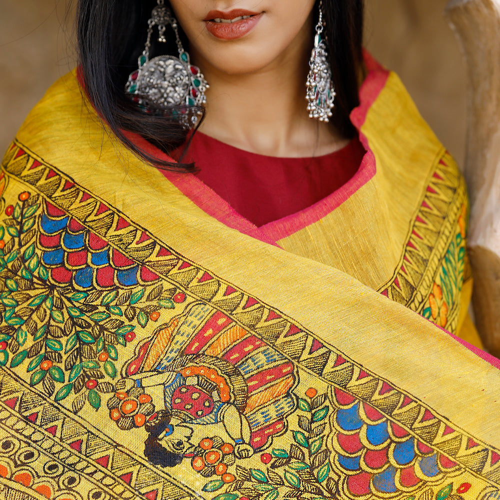 Madhubani Hand-Painted Pure Linen Saree