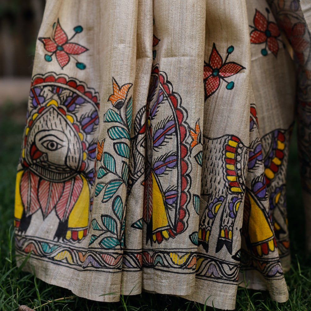 Madhubani Hand-Painted Krishna Raas Tussar Silk Saree
