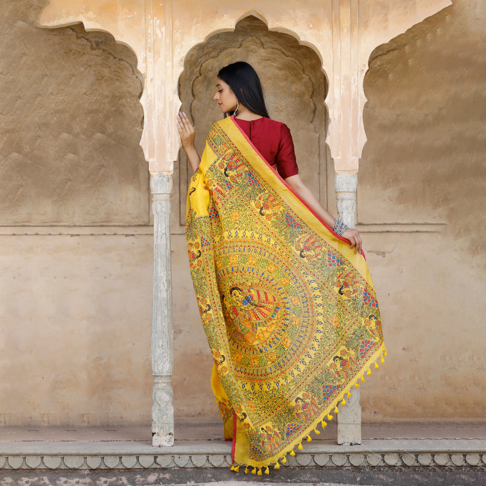 Madhubani Hand-Painted Pure Linen Saree
