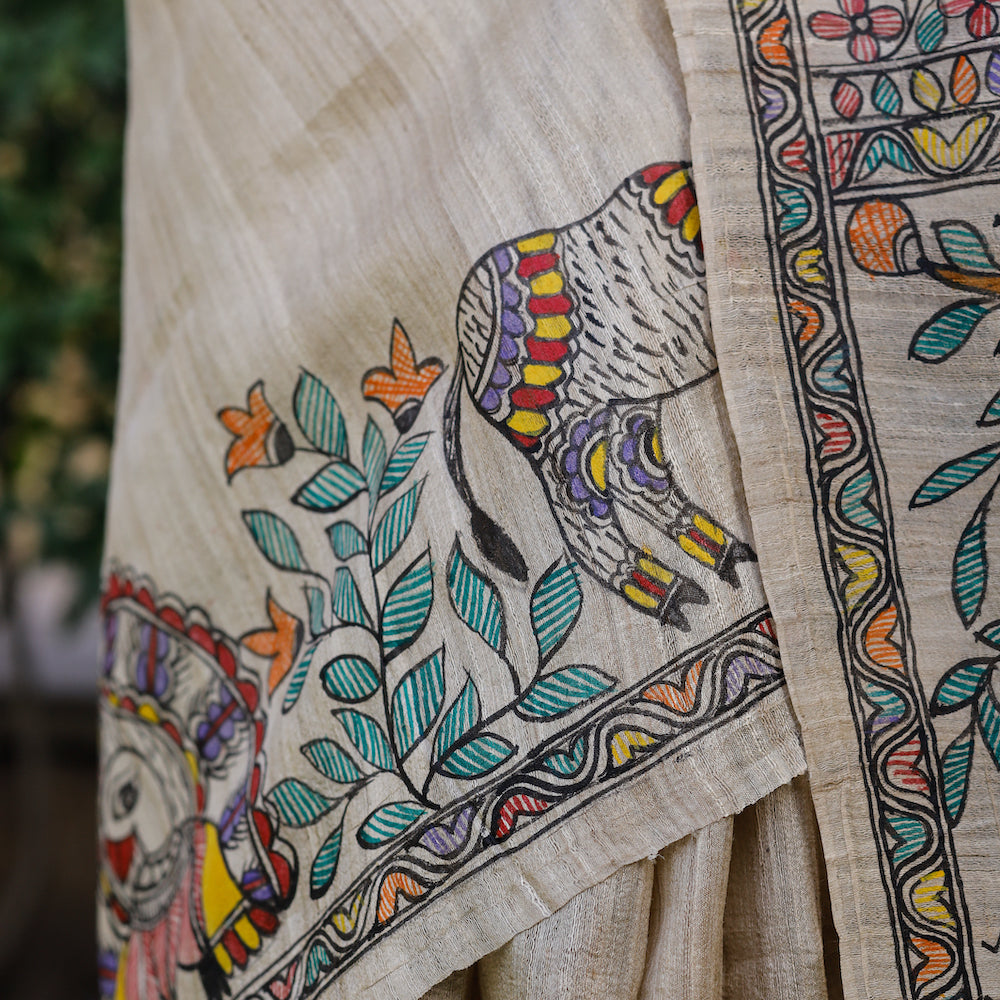 Madhubani Hand-Painted Krishna Raas Tussar Silk Saree