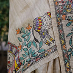 Madhubani Hand-Painted Krishna Raas Tussar Silk Saree