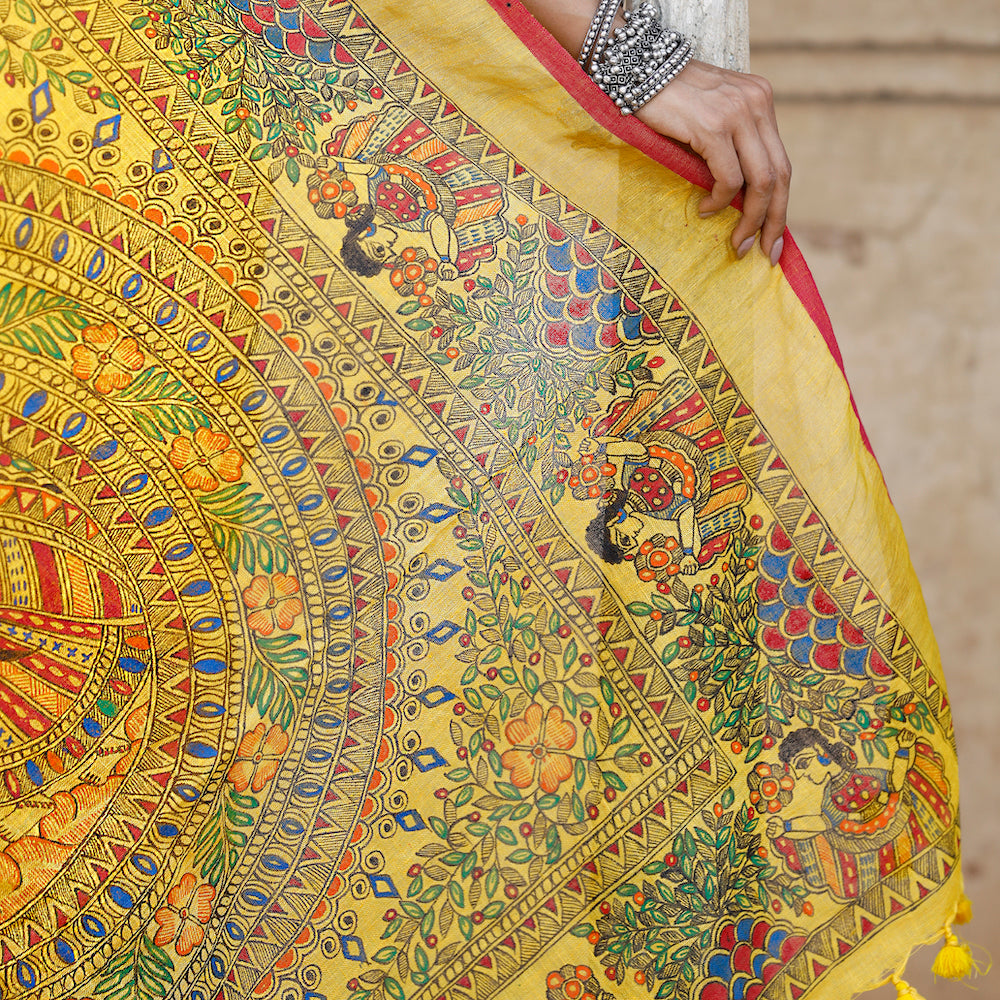Madhubani Hand-Painted Pure Linen Saree