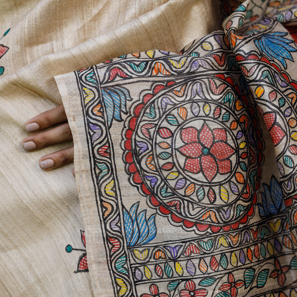 Madhubani Hand-Painted Krishna Raas Tussar Silk Saree
