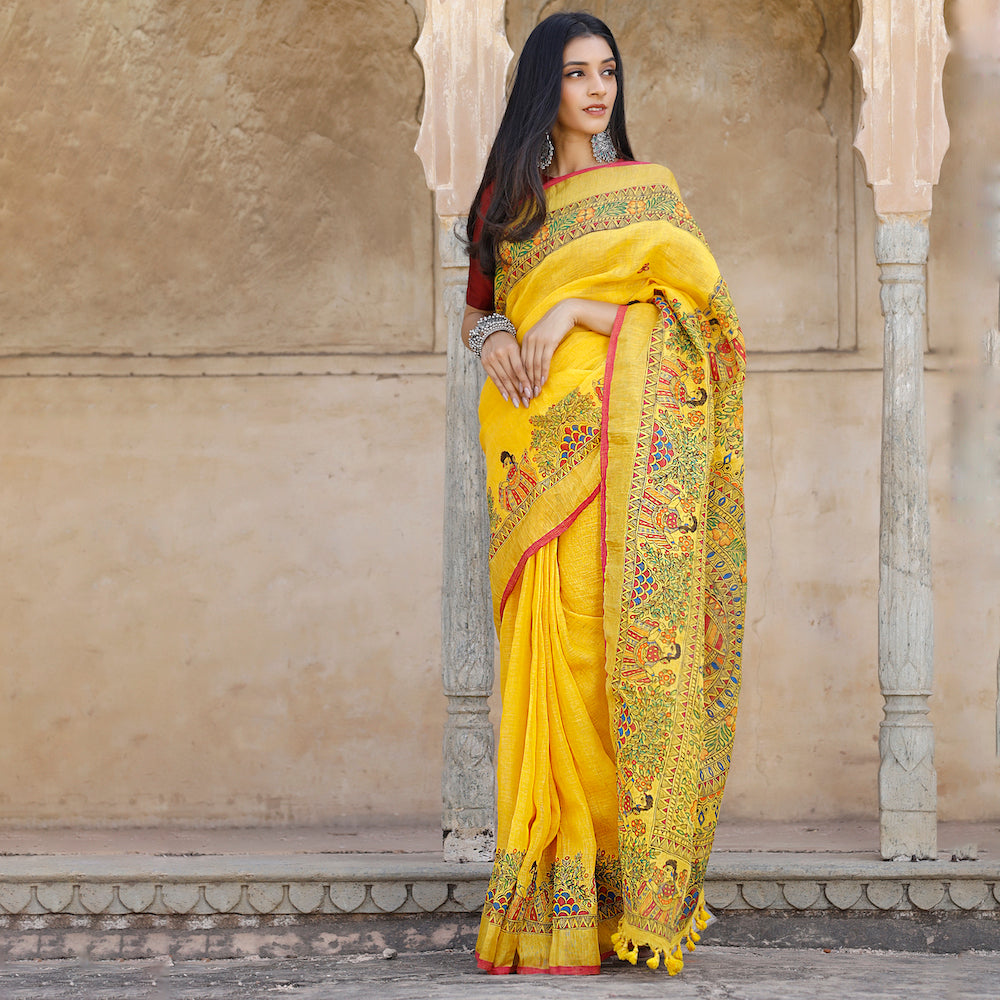 Madhubani Hand-Painted Pure Linen Saree
