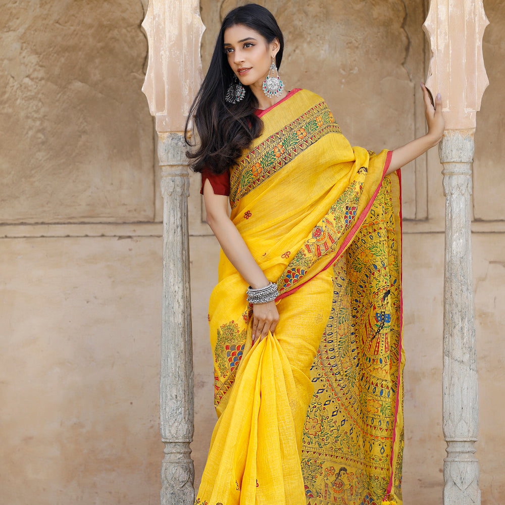 Madhubani Hand-Painted Pure Linen Saree