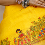 Madhubani Hand-Painted Pure Linen Saree