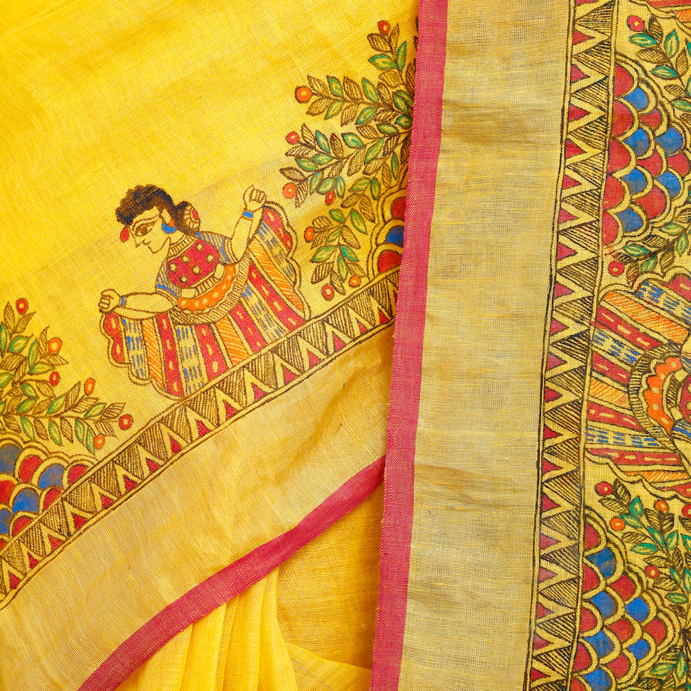 Madhubani Hand-Painted Pure Linen Saree