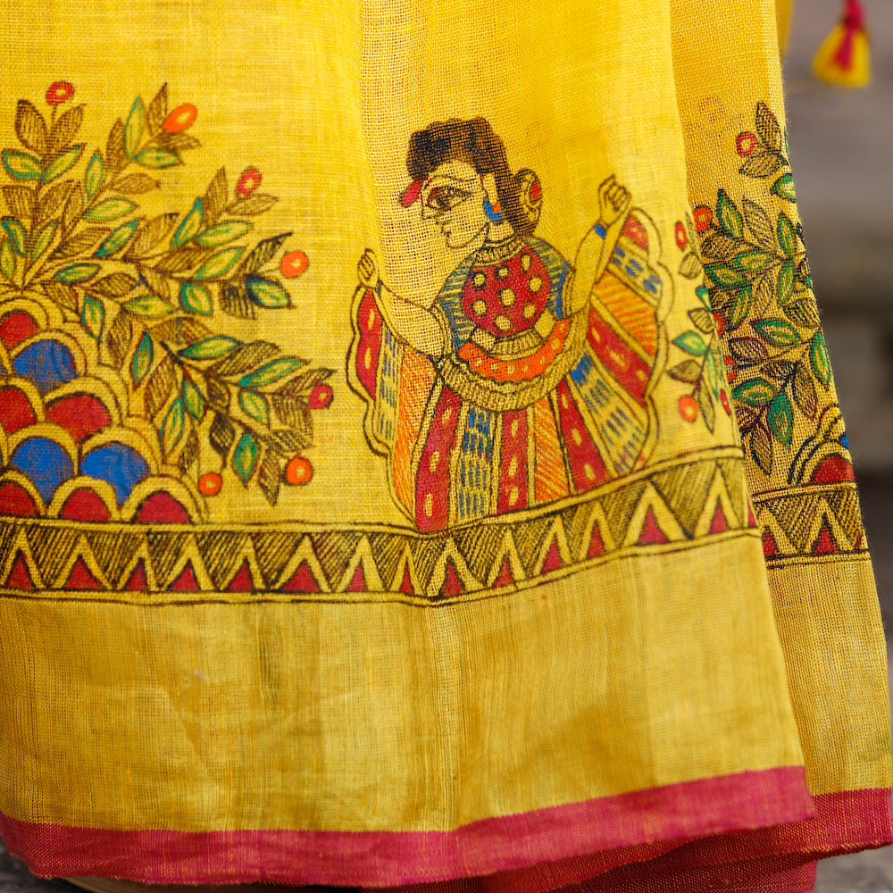 Madhubani Hand-Painted Pure Linen Saree