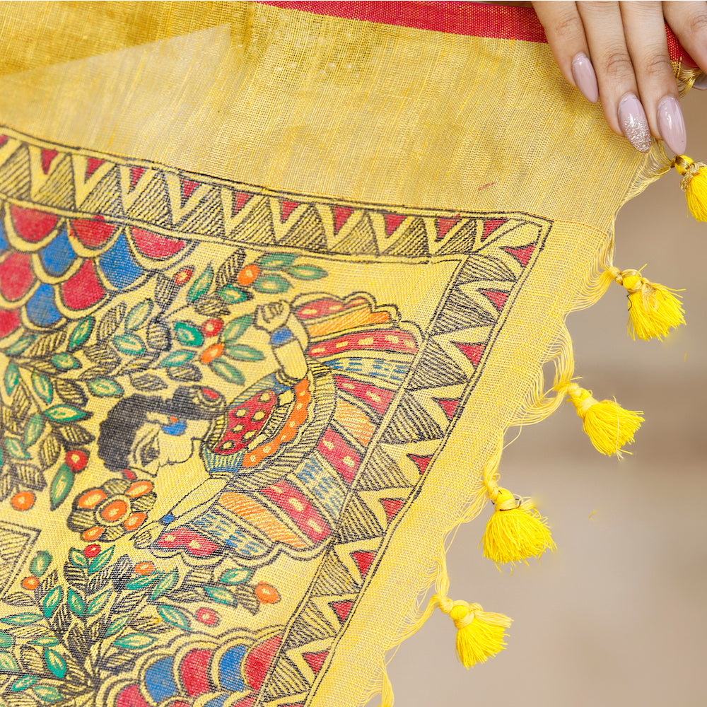 Madhubani Hand-Painted Pure Linen Saree