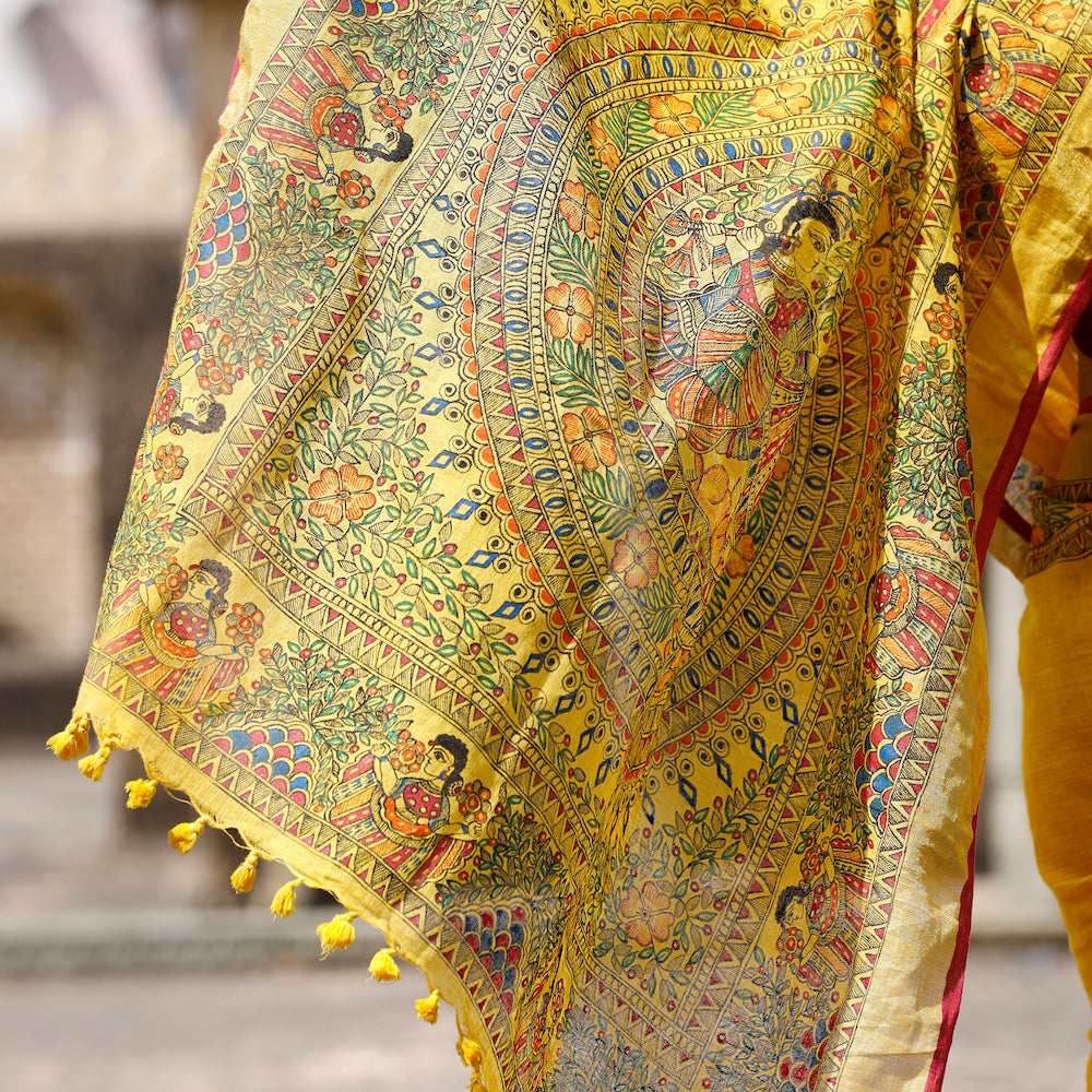 Madhubani Hand-Painted Pure Linen Saree