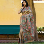 Madhubani Hand-Painted Durga Incarnations Tussar Ghicha Silk Saree