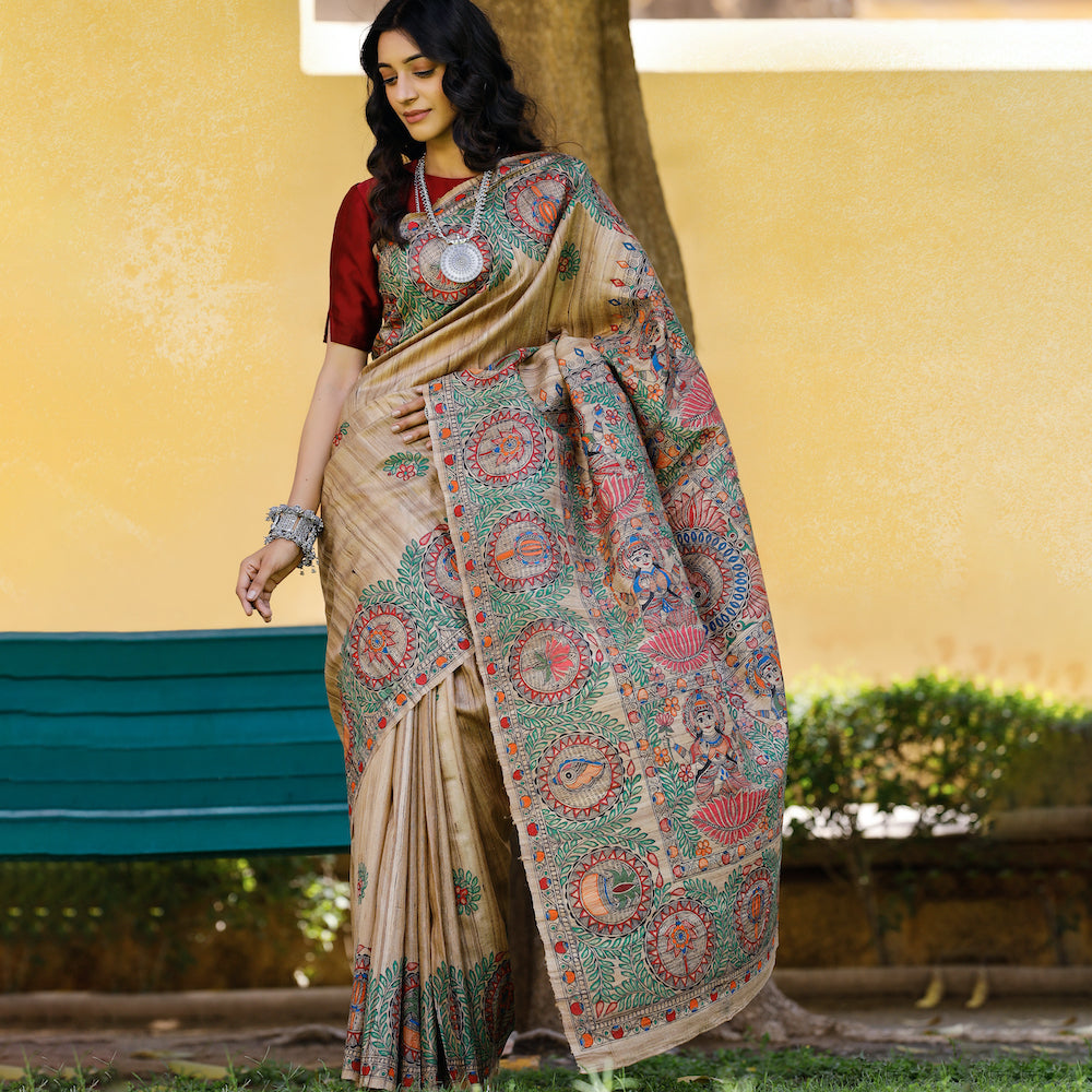 Madhubani Hand-Painted Durga Incarnations Tussar Ghicha Silk Saree