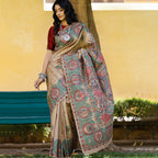 Madhubani Hand-Painted Durga Incarnations Tussar Ghicha Silk Saree