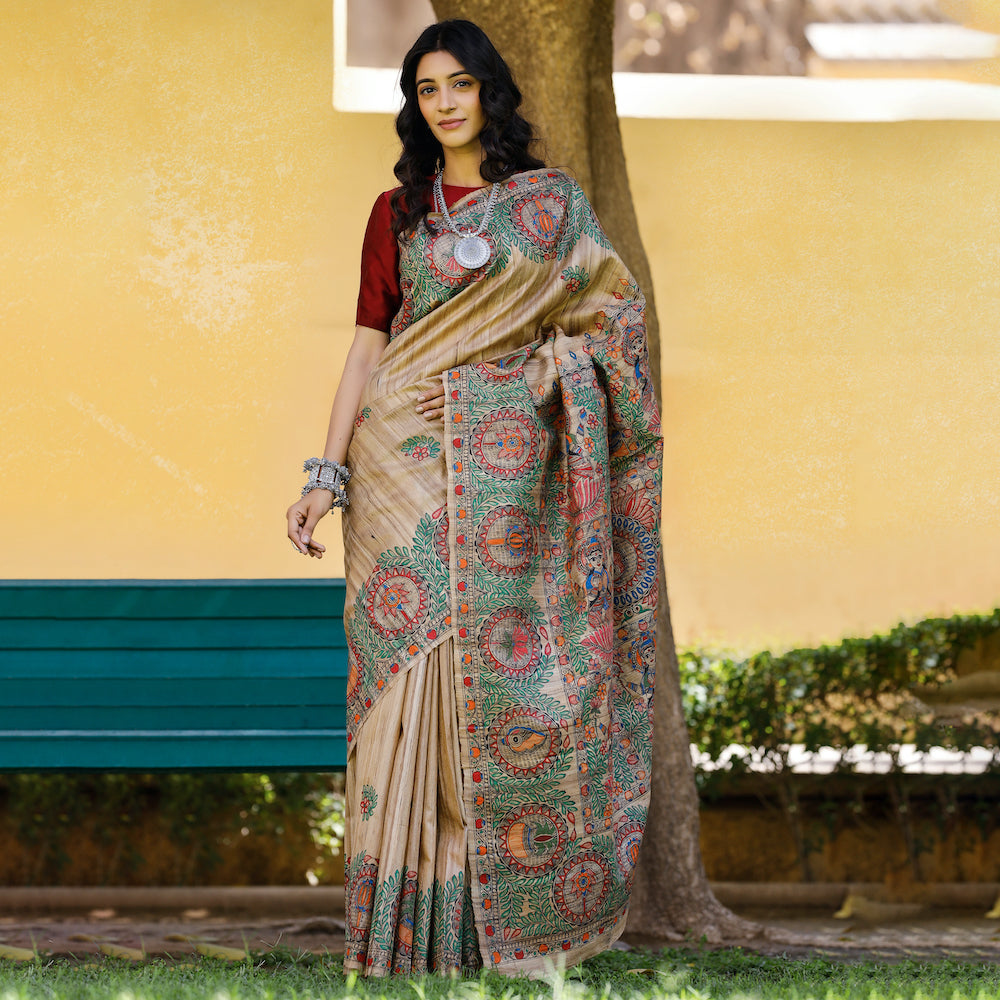 Madhubani Hand-Painted Durga Incarnations Tussar Ghicha Silk Saree
